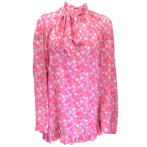 BALENCIAGA PINK MULTI 2021 TIE-NECK FLORAL PRINTED TOP - Picture 1 of 6